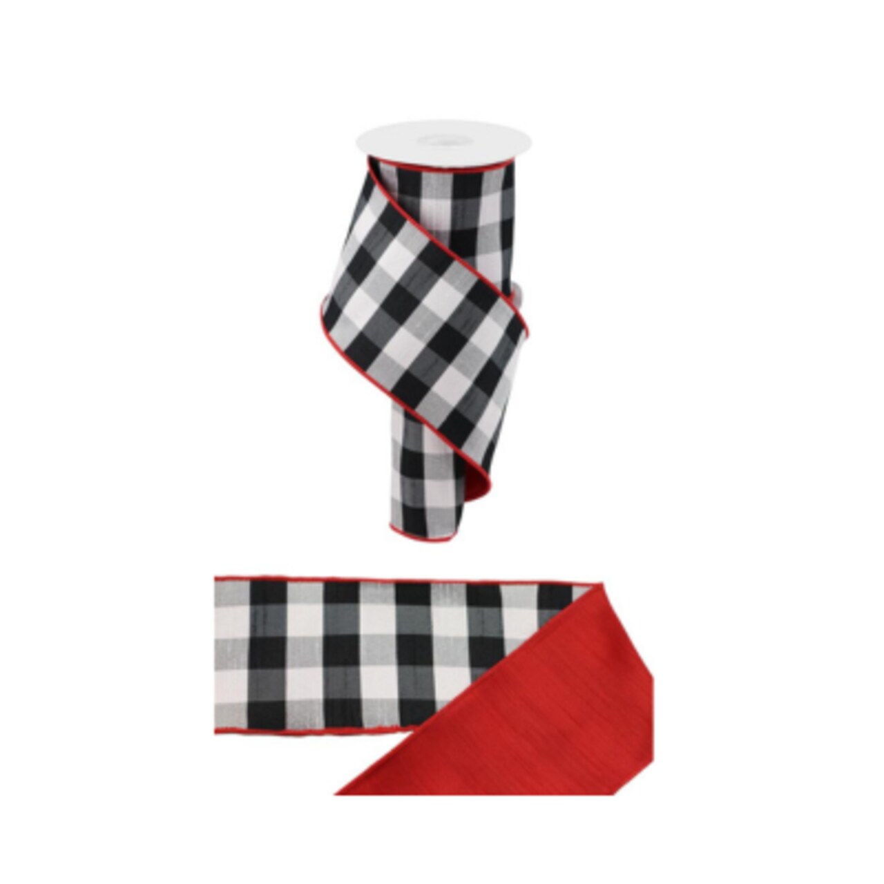 4 x 10yd Check Dupioni Wired Ribbon - Black and White Checkered with Red Dupioni Back - Perfect for Crafts - Double Sided Ribbon -RGX002524